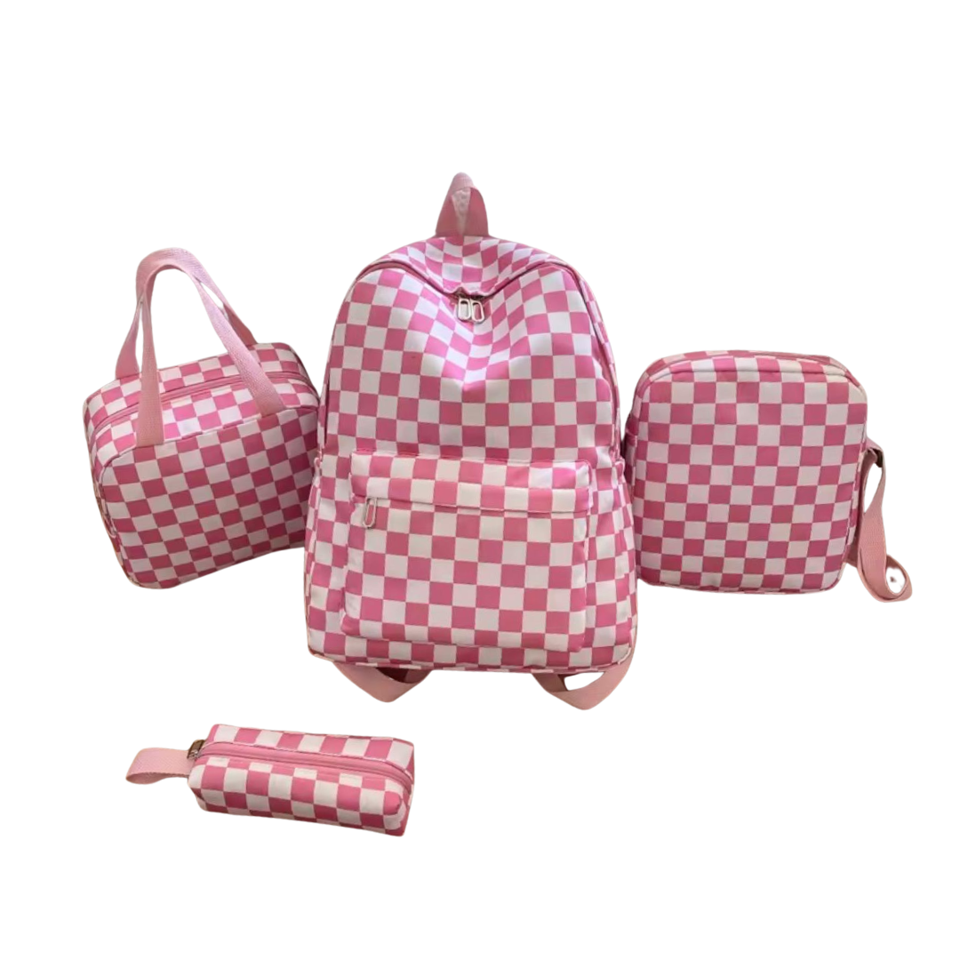 COMBO MOCHILA ESTAMPADO CUADROS ROSA