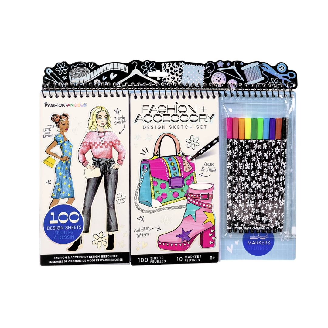 FASHION ANGELS SET DE BOCETOS PARA DISEÑO DE MODA Y ACCESORIOS CON MARCADORES