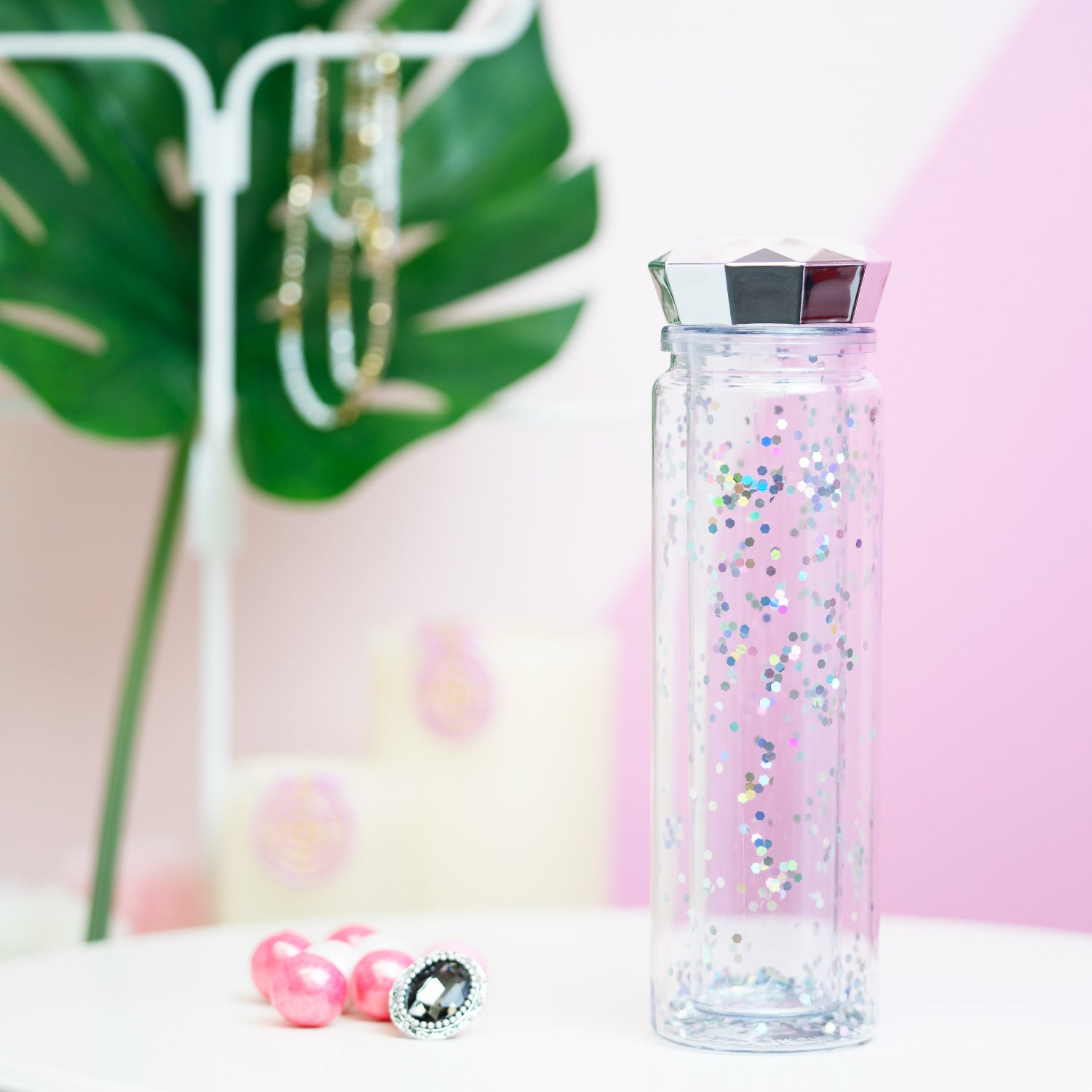 BEWALTZ BOTELLA DE AGUA GLITTER CON TAPA HEXAGONAL